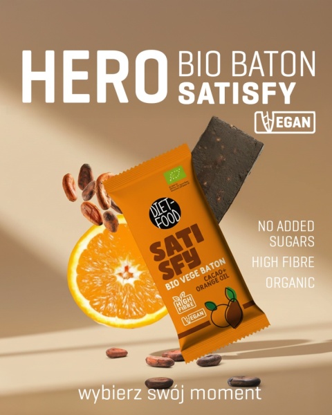 Bio Wegański Batonik SATISFY - kakaowy z olejkiem pomarańczowym 35 g