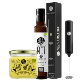 Zestaw KAWA KULOODPORNA Masło Ghee 300 g + Olej Kokosowy MCT 250 ml + Elektryczny Spieniacz